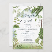 冬の山の松の木のイニシャル結婚写真 招待状 (正面)