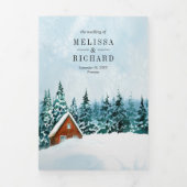 冬の山の森のログハウス ウェディングQRコード 三つ折り招待状 (カバー)