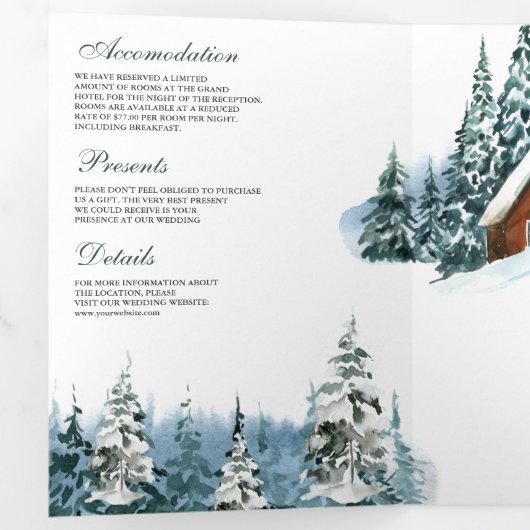 冬の山の森のログハウス ウェディングQRコード 三つ折り招待状 (内部最初)