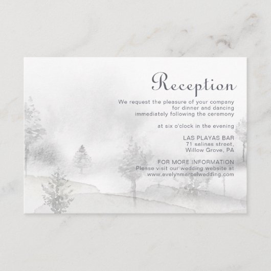 冬の山の森の結婚式のレセプション エンクロージャーカード (正面)