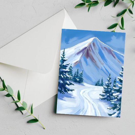 冬の山の水彩画の雪の自然カード