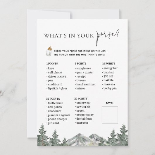 冬の山の赤ちゃんシャワー財布ゲームカード 招待状 (正面)