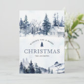 冬の山の雪の村の写真 青いクリスマス シーズンカード (スタンド正面)