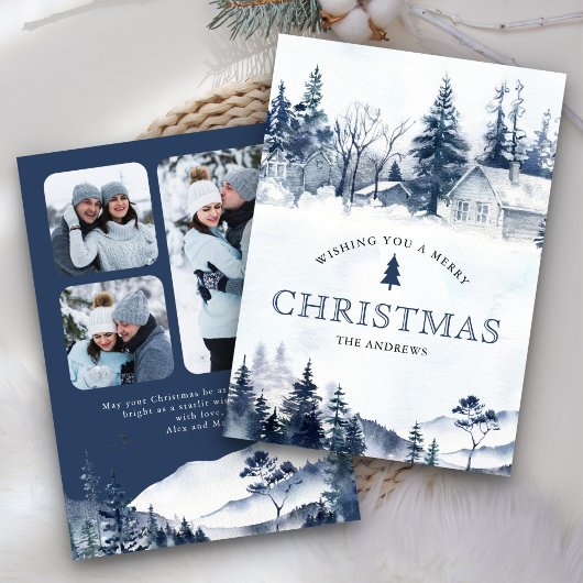 冬の山の雪の村の写真 青いクリスマス シーズンカード