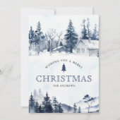 冬の山の雪の村フォトブルークリスマス シーズンカード (正面)