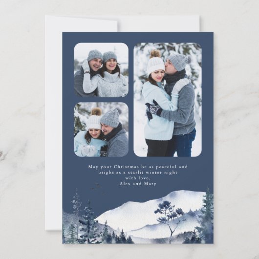 冬の山の雪の村フォトブルークリスマス シーズンカード (裏面)