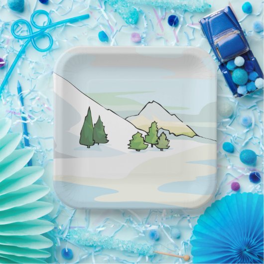 冬の山の雪の風景 ペーパープレート (パーティー)