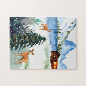 冬の山小屋と鹿パズル ジグソーパズル (横)