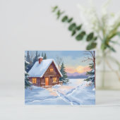 冬の山小屋の雪の水彩画 シーズンカード (スタンド正面)
