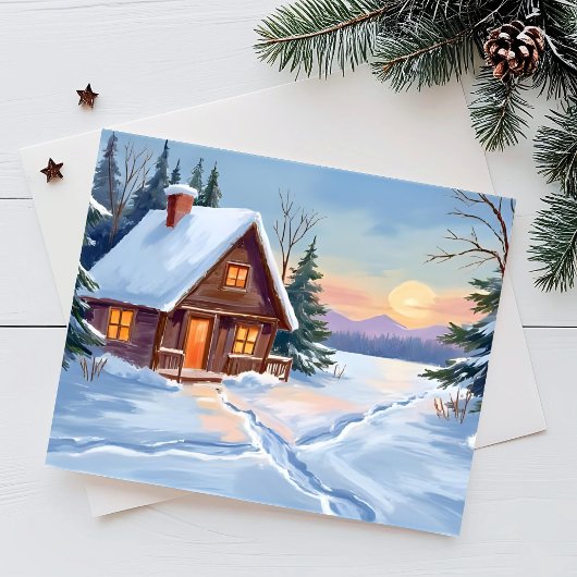冬の山小屋の雪の水彩画 シーズンカード