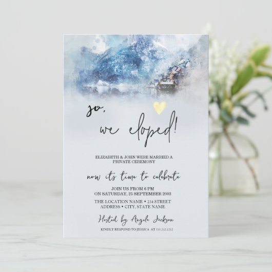 冬の山湖での結婚式、駆け落ちスタイル 招待状 (スタンド正面)