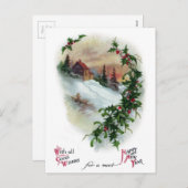 冬の山腹ヴィンテージ新年 シーズンポストカード (正面/裏面)