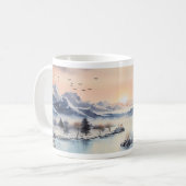 冬の山、太陽、川 コーヒーマグカップ (正面左)