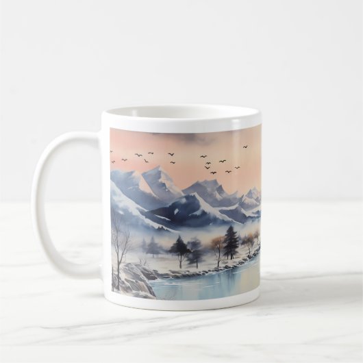 冬の山、太陽、川 コーヒーマグカップ (左)