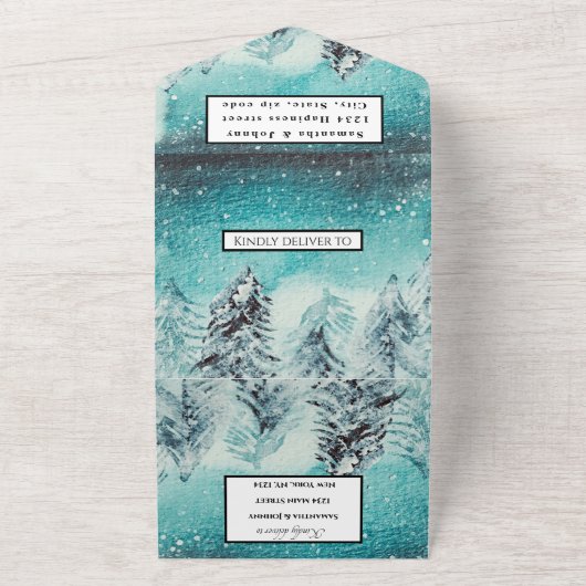 冬の山RSVP水の色の森結婚のすべての オールインワン招待状 (外側)
