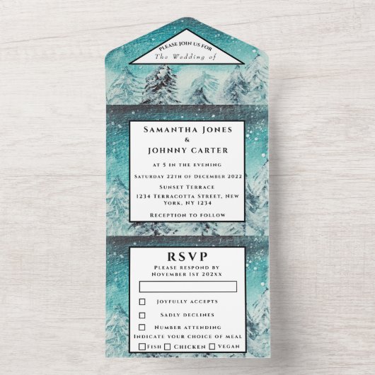 冬の山RSVP水の色の森結婚のすべての オールインワン招待状 (内側)