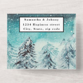 冬の山RSVP水の色の森結婚のすべての オールインワン招待状 (裏面)