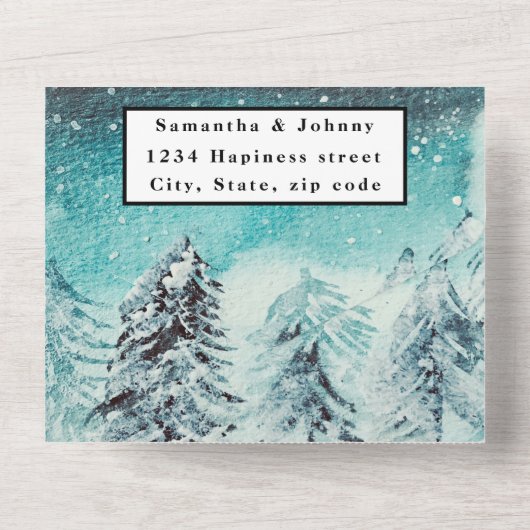 冬の山RSVP水の色の森結婚のすべての オールインワン招待状 (裏面)