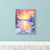 冬の川の夕焼け風景 雪の水彩画 キャンバスプリント (インサイチュ (ウッドフロア))