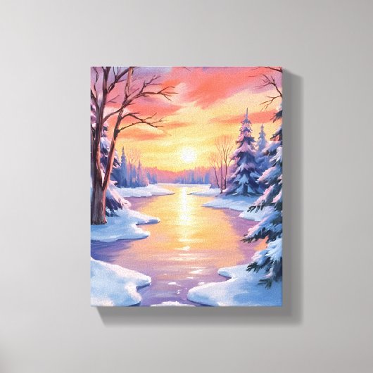 冬の川の夕焼け風景 雪の水彩画 キャンバスプリント (正面)
