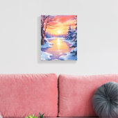 冬の川の夕焼け風景 雪の水彩画 キャンバスプリント (インサイチュ (リビング))