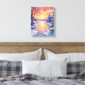 冬の川の夕焼け風景 雪の水彩画 キャンバスプリント (インサイチュ (寝室))