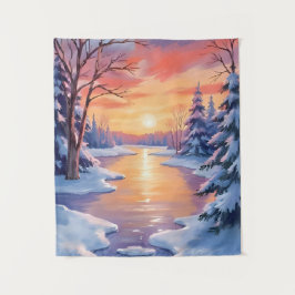 冬の川の夕焼け風景 雪の水彩画 タペストリー