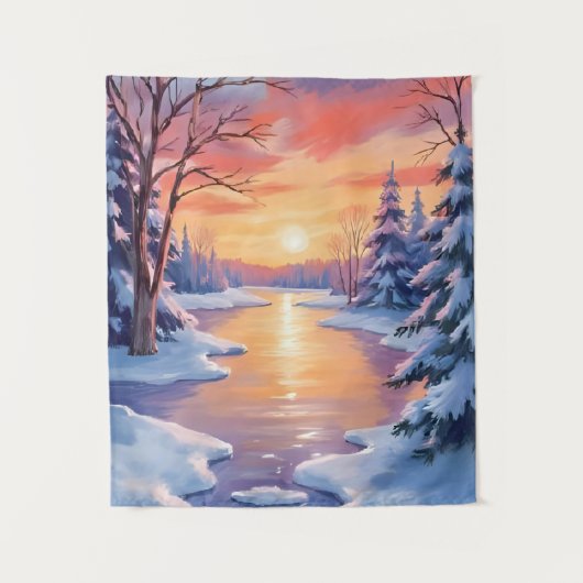 冬の川の夕焼け風景 雪の水彩画 タペストリー (正面)