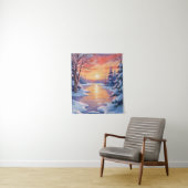 冬の川の夕焼け風景 雪の水彩画 タペストリー (インサイチュ)