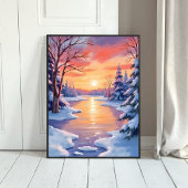 冬の川の夕焼け風景 雪の水彩画 ポスター