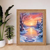冬の川の夕焼け風景 雪の水彩画 ポスター