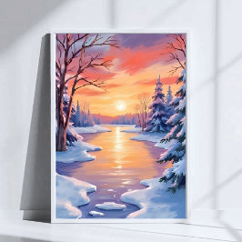 冬の川の夕焼け風景 雪の水彩画 ポスター