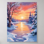 冬の川の夕焼け風景 雪の水彩画 ポスター (正面)