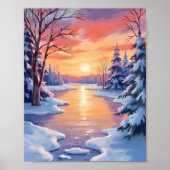 冬の川の夕焼け風景 雪の水彩画 ポスター (正面)