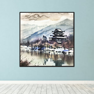 冬の川沿いの山門 キャンバスプリント