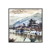 冬の川沿いの山門