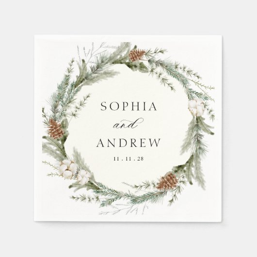 冬の常緑とコットン ウェディング スタンダードカクテルナプキン (正面)