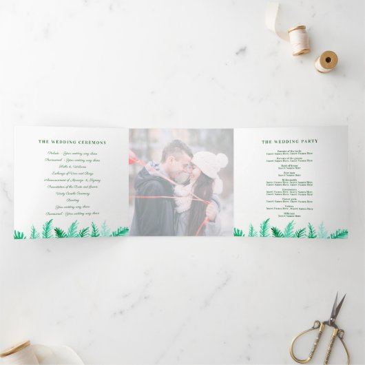 冬の常緑の松の写真の冬の結婚式緑 三つ折りプログラム (内部)