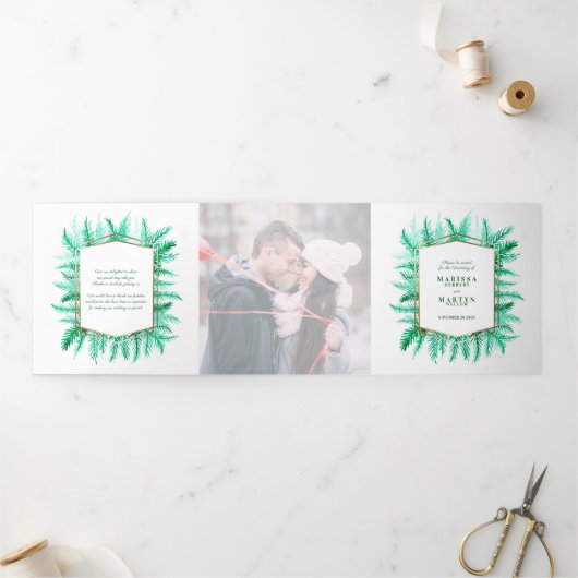 冬の常緑の松の写真の冬の結婚式緑 三つ折りプログラム (外部)