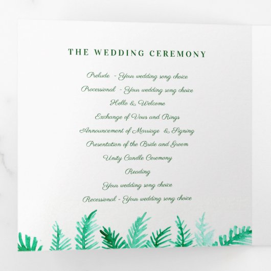 冬の常緑の松の写真の冬の結婚式緑 三つ折りプログラム (内部最初)