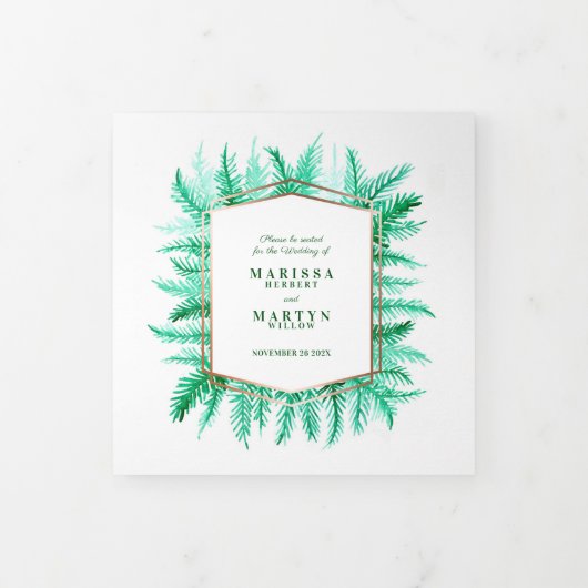 冬の常緑の松の写真の冬の結婚式緑 三つ折りプログラム (カバー)