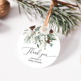 冬の常緑の松の木の赤ちゃんシャワー フェイバータグ