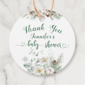 冬の常緑の松の木の赤ちゃんシャワー フェイバータグ (正面)