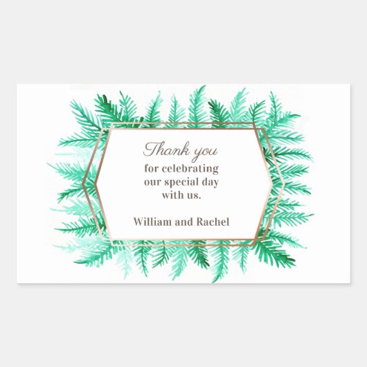 冬の常緑の水色の緑の松ありがとう 長方形シール (正面)