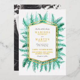 冬の常緑の結婚水色の緑の金ゴールド 箔招待状