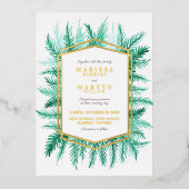 冬の常緑の結婚水色の緑の金ゴールド 箔招待状 (正面)