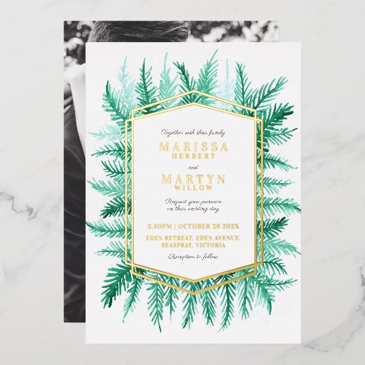 冬の常緑の結婚水色の緑の金ゴールド 箔招待状 (正面/裏面)