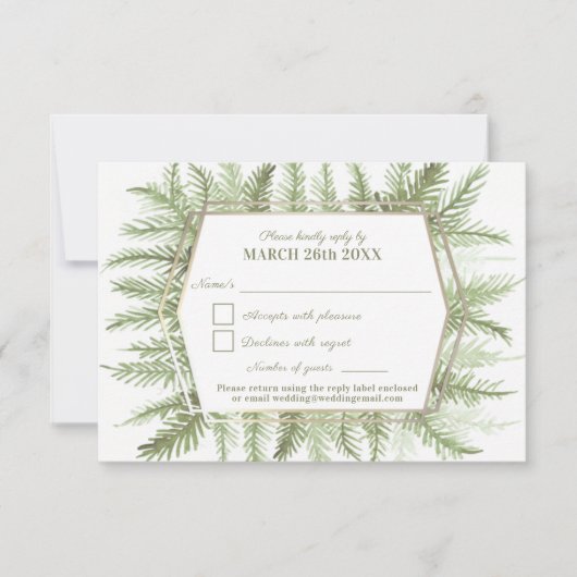 冬の常緑の葉の水の色のセージ緑 出欠カード (正面)