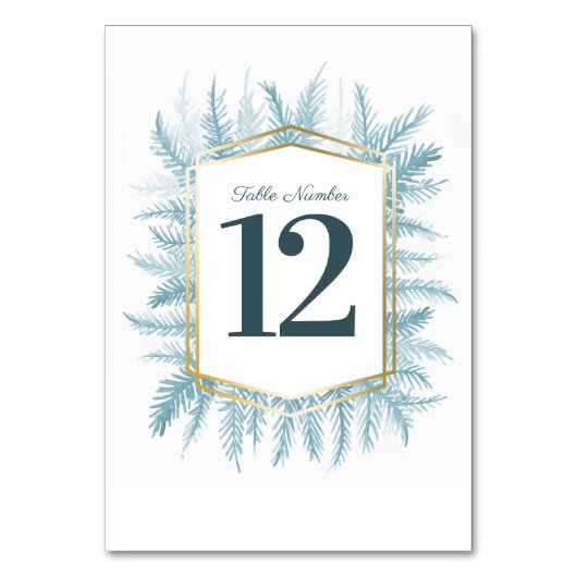 冬の常緑の青い松の結婚芸術 テーブルナンバー (正面)