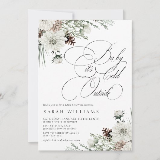 冬の常緑ベビーその冷たい外の赤ちゃんシャワー 招待状 (正面)